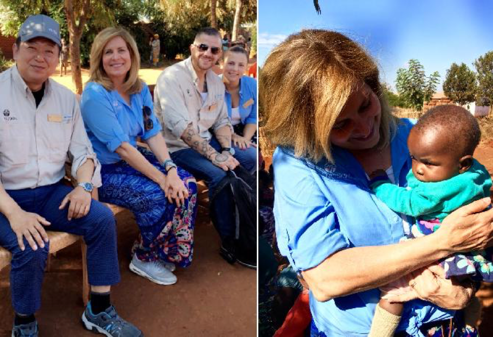 Nu Skin employees pose for a picture while sitting on a bench
